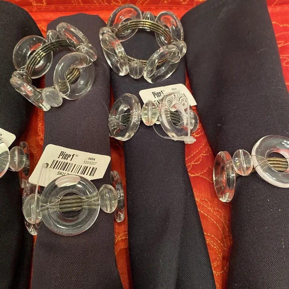 VINTAGE PIER 1 Napkin Rings Clear Acrylic Circles And Bronze Metal Wire Set Of 6